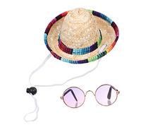 2 Juegos de Sombrero de para Mascotas Mini-Sombrero Decoración de Verano Sombreros Mexicanos Traje Hawaiano Mini Adorno Dorado Sombrero Trenzado Disfraces Verano Gafas de Sol Pequeñas