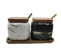 2 juegos de tarros de cerámica de mármol con tapa de madera y cuchara de madera (negro y blanco)