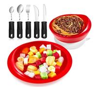 2 juegos de utensilios adaptativos, cuenco y plato, vajilla adaptativa de autoalimentación con base de succión, cubiertos flexibles antideslizantes para ancianos, discapacitados, temblores de manos