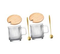 2 juegos Tazas de Vidrio Transparentes con Asa Tapa Cuchara Taza para Desayuno y Café Vaso para Bebidas con Diseño Antideslizante y Resistente al Calor