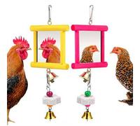 2 juguetes de espejo de pollo, espejo colgante con campana, juguete de picoteo de madera y 4 piezas de piedras molares de pico, juguetes para gallinas, pájaros, loros, destructor de aburrimiento para
