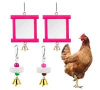 2 juguetes de espejo de pollo, espejo colgante con campana, juguete de picoteo de madera y 4 piezas de piedras molares de pico, juguetes para gallinas, pájaros, loros, destructor de aburrimiento para