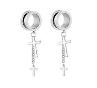 2 Kit Expansores Tuneles Dilataciones 10mm,Dilatacion Oreja Acero Inoxidable Redondo con Cadena y Cruz Tunel Dilatador Oreja Plata