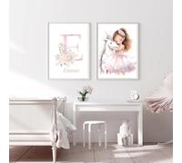 2 Laminas Decorativas Pared Niña Unicornio Cuadros Habitacion Bebe Personalizados con Nombre Rosa Laminas Infantiles con Inicial Lienzo 30x40 Poster Decoracion Habitacion Niña Regalo Sin Marco
