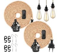 2 lámparas colgantes con interruptor y enchufe, portalámparas E27, 4,5 m, cuerda de cáñamo, lámpara vintage, lámpara colgante, lámpara colgante para almacén, granja loft