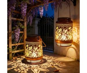 2 lámparas solares colgantes para exteriores, lámparas solares de colibrí para exteriores, farolillos solares para exteriores, IP55, luz blanca cálida, para jardín, terraza, césped, balcón, para