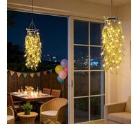 2 lámparas solares para colgar en exteriores, plantas colgantes artificiales con cadenas de luz, IP65, resistentes al agua, luz solar para jardín, exterior, decoración de jardín, balcón, boda