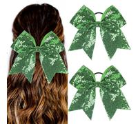 2 lazos grandes con purpurina de 7 pulgadas, lazos de animación con lentejuelas para el cabello con elástico para el día de San Patricio, soporte para cola de caballo para animadoras, niñas, softball,