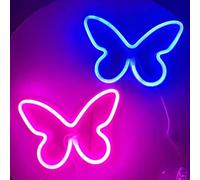 2 letreros de neón de mariposa para pared, oficina, dormitorio, boda, fiesta de cumpleaños, decoración de habitación, letreros LED de neón para adolescentes, funciona con pilas USB o 3-AA (azul + rosa