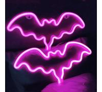 2 letreros de neón de murciélago rosa para decoración de pared de dormitorio, mesita de noche, dormitorio, decoración de Halloween, luces LED de noche, adornos de mesa para fiesta de Navidad, letrero