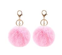 2 llaveros de piel de conejo de imitación con pompón para llavero de coche, teléfono, bolso de mano - Rosa - 10 cm