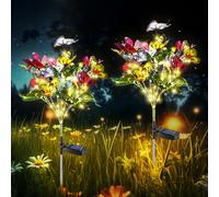 2 luces solares de mariposa para jardín y terraza, IP55, resistentes al agua, cadena de luces solares en diseño, iluminación de jardín tipo ramo de flores para exteriores