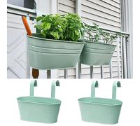 2 macetas colgantes de metal para flores, macetas de metal, cubeta de valla, maceta colgante para interior y exterior, cubo de almacenamiento en cocina o baño, gancho desmontable, azul claro