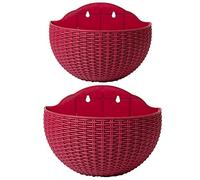 2 macetas Colgantes de Pared de ratán de imitación, Plantas Colgantes de semicírculo al Aire Libre con Orificios de Drenaje y Ganchos, Cesta Colgante de jardín de plástico para Cerca de balcón (Vino