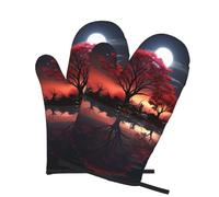 2 manoplas de horno para cocina, resistentes al calor, 260.0 °C, impermeables, antideslizantes, para cocinar, hornear, árbol rojo, lago, luna, guantes de cocina, par de guantes para proteger las manos