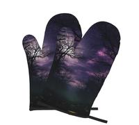 2 manoplas de horno para cocina, resistentes al calor, 260.0 °C, impermeables, antideslizantes, para cocinar, hornear, árbol, morado, noche, cocina, par, proteger las manos