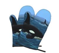 2 manoplas de horno para cocina, resistentes al calor, 260.0 °C, impermeables, antideslizantes, para cocinar, hornear, ballenas asesinas, nadar a lo largo de la cocina, par de manoplas para proteger