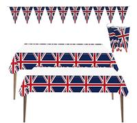 2 manteles rectangulares con temática de Union Jack, impermeables y duraderos, celebración del jubileo de platino de la reina, decoraciones de fiesta, con un banderín temático de Union Jack.