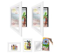 2 marcos de fotos artísticos para niños, marco A4 con bisagras, madera, rellenable, apertura frontal, ideal para dibujos y proyectos escolares