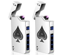 2 mecheros electrónicos USB eléctricos, arco eléctrico, con indicador de batería, resistente al viento, de plasma, pulsando un botón, plateado