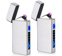 2 mecheros electrónicos USB, encendedor eléctrico con arco eléctrico, con indicador de batería, resistente al viento, de plasma pulsando un botón