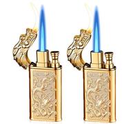 2 mecheros: mechero de tormenta con noble relieve de dragón, llama ajustable y llama suave, encendedor de butano recargable para velas, cocina, camping (sin gas), dorado