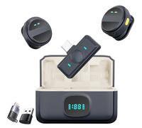 2 micrófonos Lavalier inalámbricos para iPhone/iPad/Android con funda de carga, micrófono de solapa inalámbrico de 8 horas para grabación de video, vlogging, YouTube, entrevista, 3 modos de desruido,