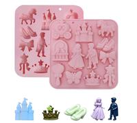 2 moldes de silicona de princesas en rosa, con diseño de castillo de cuento de hadas, príncipe y princesa en 3D, ideales para dulces, fondant, jabones, velas y manualidades. Perfectos para niños