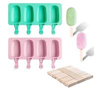 2 moldes para helado, 50 palitos de madera, juego de moldes de silicona para helado, moldes ovalados para paletas, 4 cavidades, para hacer helados de bricolaje. (verde,rosa)