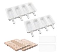 2 moldes para helados con 100 palillos, 2 tapas, molde de silicona para helado, fácil de disolver, forma ovalada, accesorio para helado casero (4 huecos, blanco)