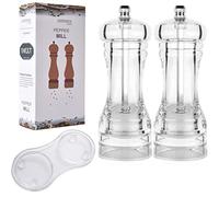 2 molinillos de pimienta de acrílico transparente ajustables de 5 pulgadas con kit de bandeja recargable, combo de salero y pimentero de grano de pimienta con rotor de cerámica, herramienta de cocina