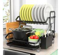2 Niveles Escurridor de Platos, Estante de Escurreplatos Cocina Organizador con Soporte para Utensilios, Ahorra Espacio, Gran Organizador para Platos Tazones Escurridor de Fregadero Negro