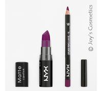 2 NYX Barra de Labios Mate 30 Aria + Delgado Lápiz 834 Ciruela Pasa Set Joy's
