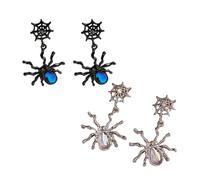 2-Pack 3D Spider & Web Dangle Earrings - Punk Style Moonstone Accent Jewelry (Black & Silver) for Women