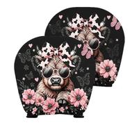 2 Pack Car Headrest Covers, Cute Highland Cow Pink Floral Butterfly Print