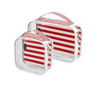 2 Pack Clear Travel Maquillaje Cosmético Inodoro Blanco Rojo Líneas Horizontal para Mujeres Hombres Niñas, Raya Cosmética Lavadora Organizador Bolsa para Viajes Essentials, Multicolor, Bolsa de