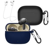 [2-Pack] easyBee Hülle Kompatibel mit realme Buds T300, mit 2 Karabiner 2 Anti-Verlust-Gurte, Liquid Silikon Case Ultradünn Stoßfest Schutzhülle Kopfhörer Tasche - Schwarz und Blau
