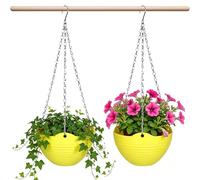 2 Pack Hanging Flower Pots with Drainage Tray & Metal Chain - Round Resin Plant Basket In Yellow & Blue | Indoor Outdoor Decorative Planters For Garden & Balcony