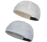 2-Pack Men Brimless Caps, Breathable Docker Hats, Mesh Skull Beanies for Summer Cooling & Adjustable Hip-Hop Style (White + Gray)