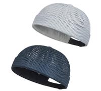 2-Pack Men Brimless Caps, Breathable Docker Hats, Mesh Skull Beanies for Summer Cooling & Adjustable Hip-Hop Style (Gray + Navy Blue)