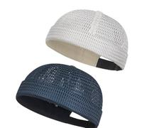 2-Pack Men Brimless Caps, Breathable Docker Hats, Mesh Skull Beanies for Summer Cooling & Adjustable Hip-Hop Style (White + Navy Blue)