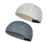 2-Pack Men Brimless Caps, Breathable Docker Hats, Mesh Skull Beanies for Summer Cooling & Adjustable Hip-Hop Style (White + Dark Gray)