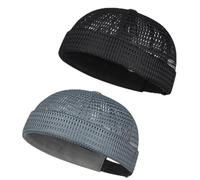 2-Pack Men Brimless Caps, Breathable Docker Hats, Mesh Skull Beanies for Summer Cooling & Adjustable Hip-Hop Style (Black + Dark Gray)