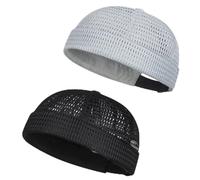 2-Pack Men Brimless Caps, Breathable Docker Hats, Mesh Skull Beanies for Summer Cooling & Adjustable Hip-Hop Style (Gray + Black)