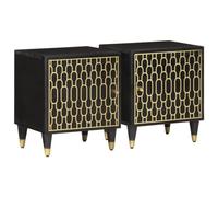 2 Pack Night Stands Solid Mango Wood 40x33x46 cm with Hand Carved Floral Design, Retro Bedside Tables with Storage Door and Iron Legs for Bedroom Living Room Home Decor
