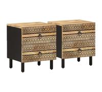 2 Pack Night Stands, Solid Mango Wood Bedside Tables with 2 Drawers, Black Rustic Side Table for Bedroom Living Room, 40x33.5x46 cm, Sturdy & Spacious Storage Furniture