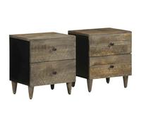 2 Pack Night Stands Solid Mango Wood Light Gray Bedside Tables with Metal Legs 40x33x46 cm for Bedroom Living Room Storage Modern End Tables with Carved Front