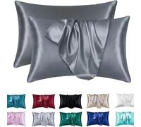2 Pack Satin Pillowcase for Hair and Skin - Silky Soft Silk Pillow Cases with Envelope Closure, Standard Queen Size, Black Solid Color Bedroom Travel Decor Set(Gray,Pack of 2 20x26 in (51x66 cm))