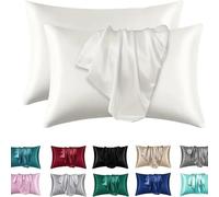 2 Pack Satin Pillowcase for Hair and Skin - Silky Soft Silk Pillow Cases with Envelope Closure, Standard Queen Size, Black Solid Color Bedroom Travel Decor Set(White,19x29 in (48x74 cm) Pack of 2)