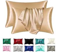 2 Pack Satin Pillowcase for Hair and Skin - Silky Soft Silk Pillow Cases with Envelope Closure, Standard Queen Size, Black Solid Color Bedroom Travel Decor Set(Khaki,19x29 in (48x74 cm) Pack of 2)